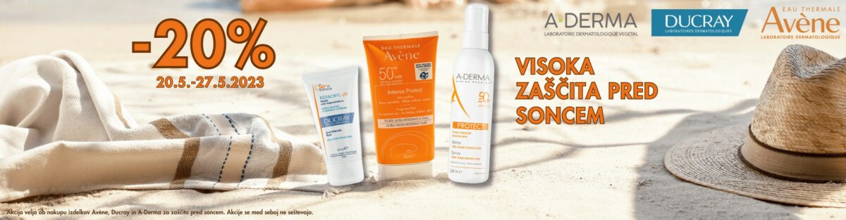 -20% Avene, A-Derma in Ducray SUN izdelki