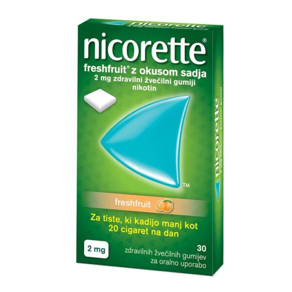 Nicorette Freshfruit 2 mg z okusom sadja žvečilni gumiji, 30 žvečilnih gumijev