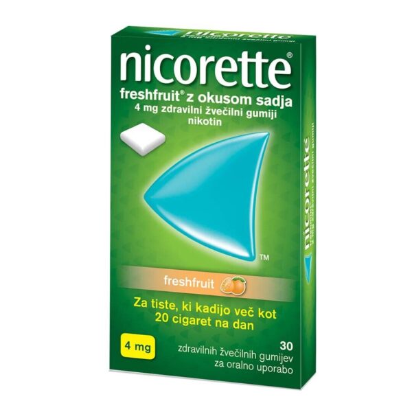 Nicorette Freshfruit 4 mg z okusom sadja žvečilni gumiji, 30 žvečilnih gumijev