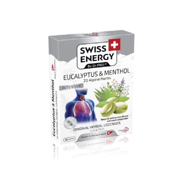 Swiss Energy 20 zelišč + evkaliptus in mentol pastile za grlo, 12 pastil